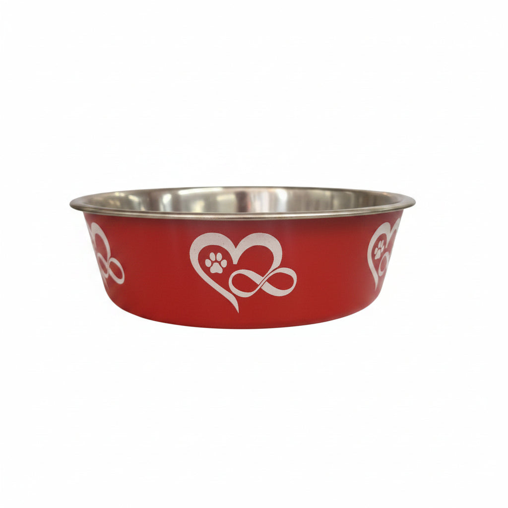 A red pet bowl with a stainless steel interior and white heart designs featuring paw prints.