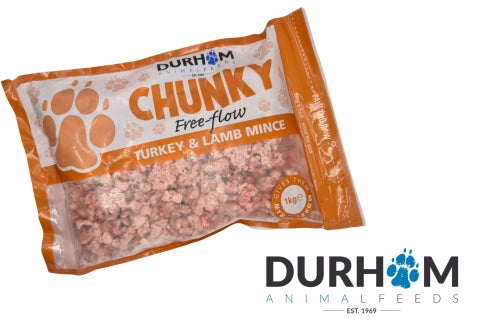 Hilltop Pet Food Durham Chunky Free Flow Turkey & Lamb Mince (1kg) raw dog food on white background with logo.