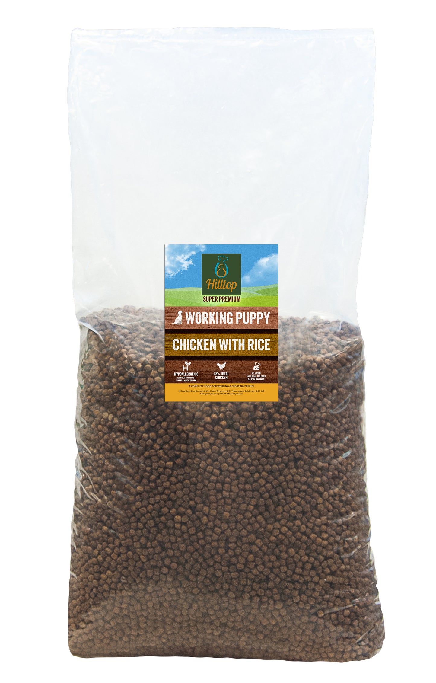 A large clear bag of Hilltop Pet Food Super Premium PUPPY Chicken & Rice, showing brown kibble inside.
