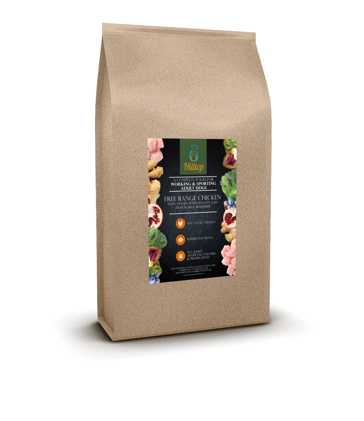 A brown bag of Hilltop Pet Food Superfood 65 Adult Dog Food, British Free Range Chicken with superfoods.
