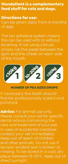 Hilltop Pet Food WundaDent no-brush enzymatic toothpaste: dosing by pet size, hygiene tips, and plaque/tartar control.