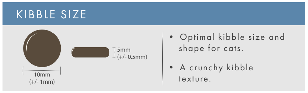 Diagram of Hilltop Grain Free Turkey Cat Food kibble, 10mm x 5mm, showing optimal size, shape & crunchy texture.