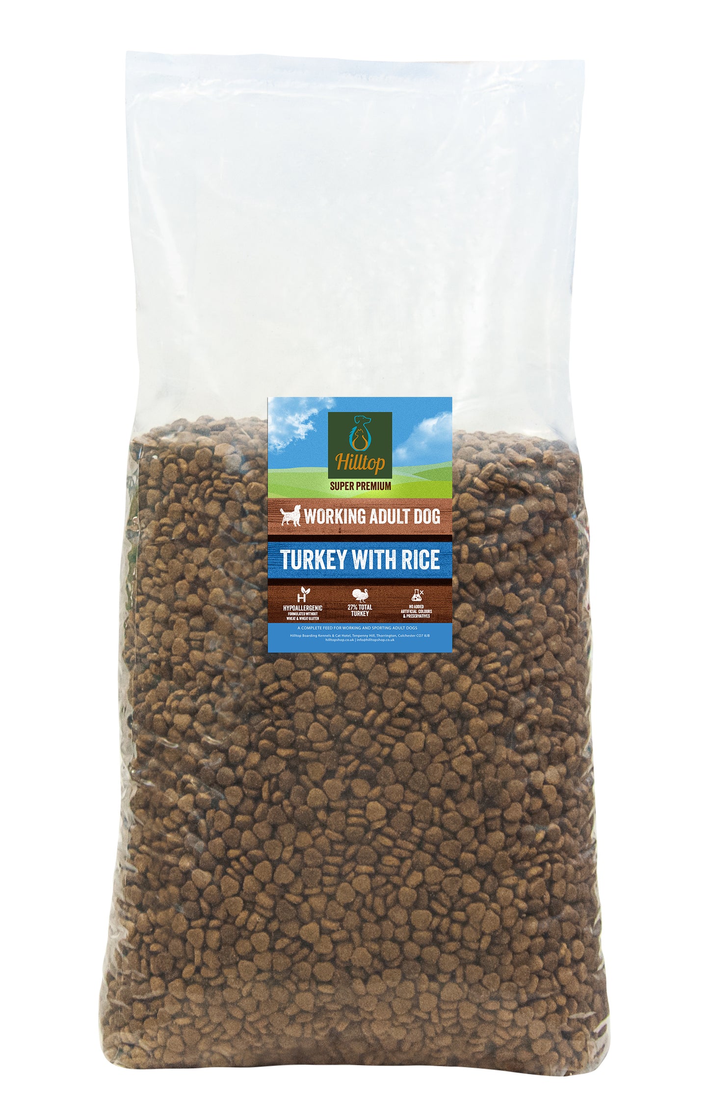 A large clear bag of Hilltop Pet Food Super Premium Adult Dog Food – Turkey & Rice for working dogs.