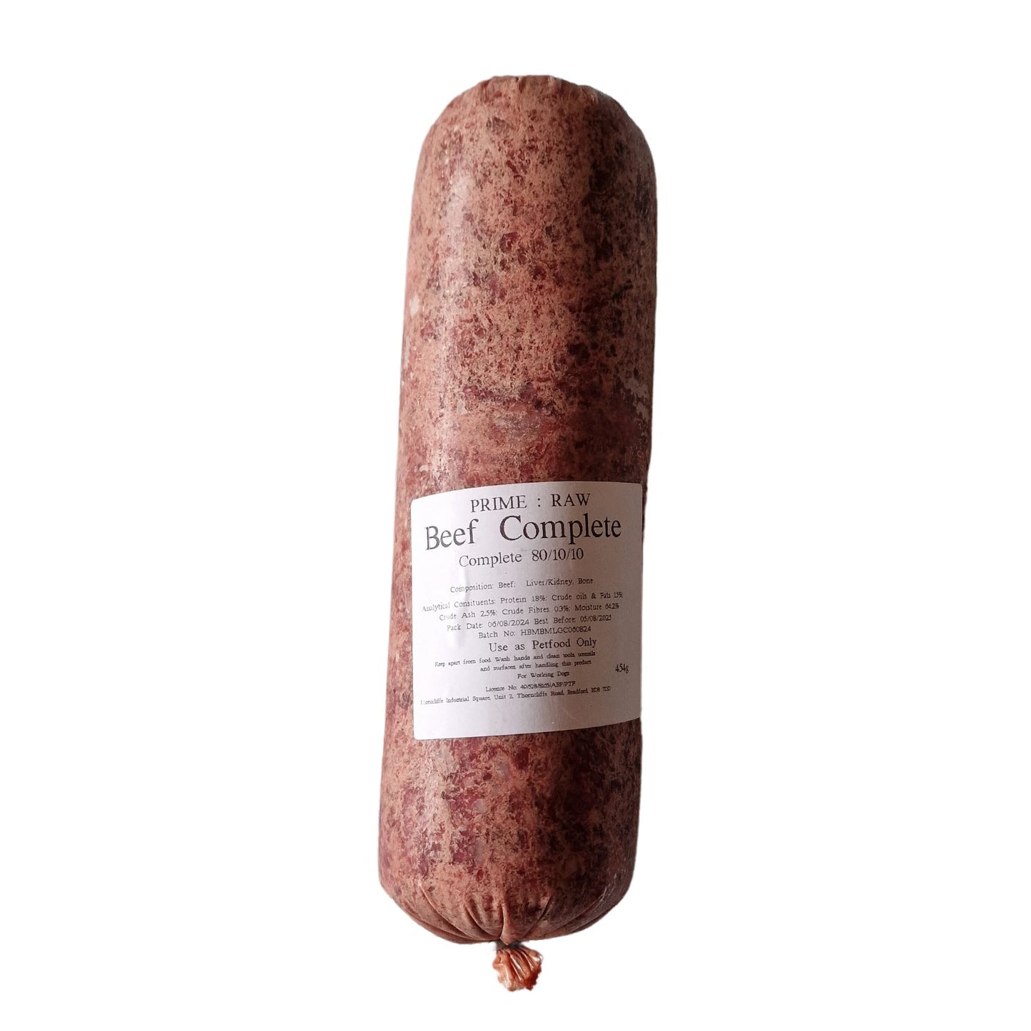 A large roll of Hilltop Pet Food Prime:Raw - Beef Complete, packed with nutrients—ideal for working dogs.