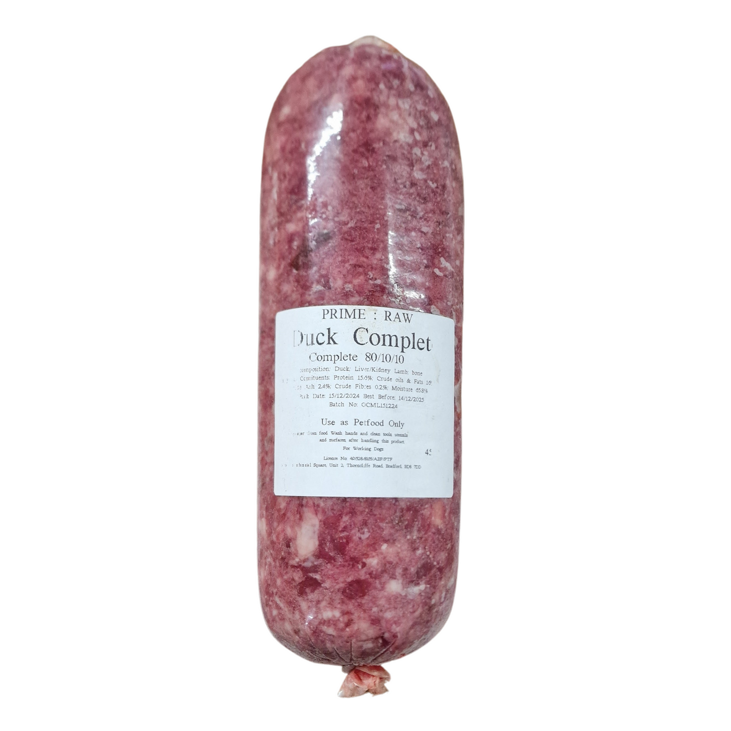 A raw tube of Hilltop Pet Food Prime:Raw - Duck Complete, ideal as complementary feed for working dogs.
