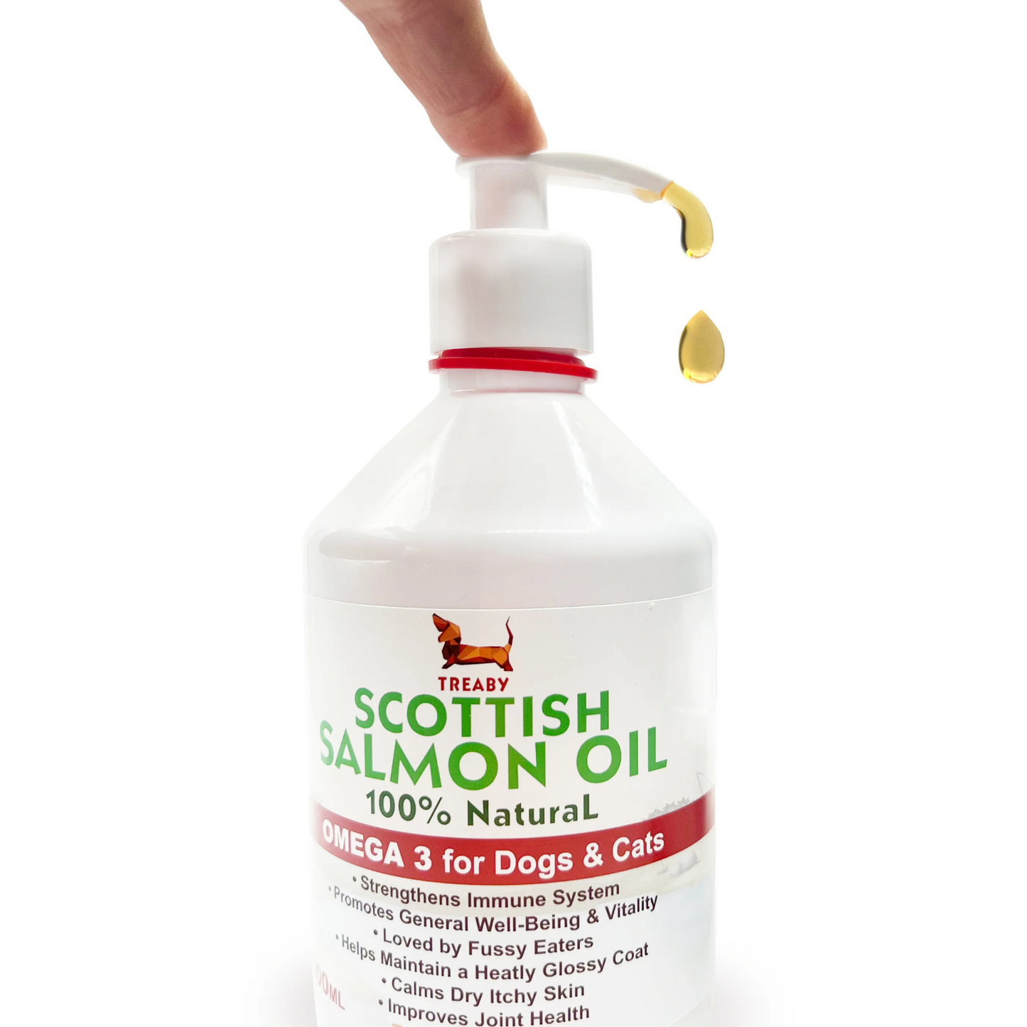 A hand pumps Hilltop Pet Food Scottish Salmon Oilâan omega-3 for dogsâfrom a white pet-labeled bottle.