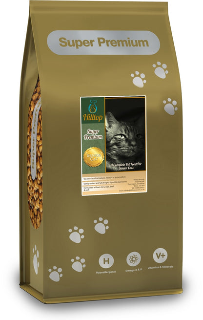 Gold bag of Hilltop Pet Food Super Premium Adult Sterilised/Senior Cat Food, Chicken with Fish & Rice, for joint care.