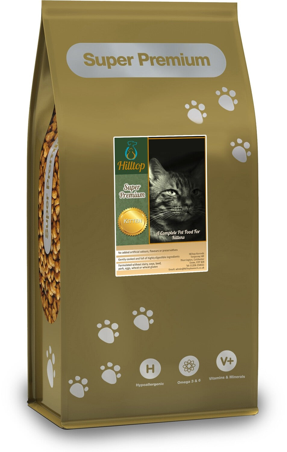 Gold bag of Hilltop Pet Food Super Premium KITTEN Cat Food—Chicken with Fish & Rice; paw prints and a cat image.
