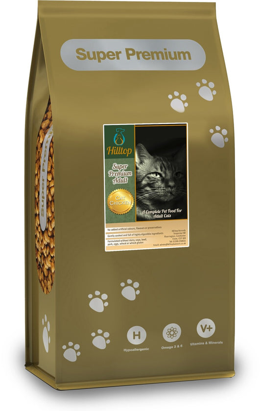 Gold bag of Hilltop Pet Foods Super Premium Adult Cat Food - Chicken with Rice, with paw prints and a cat image.