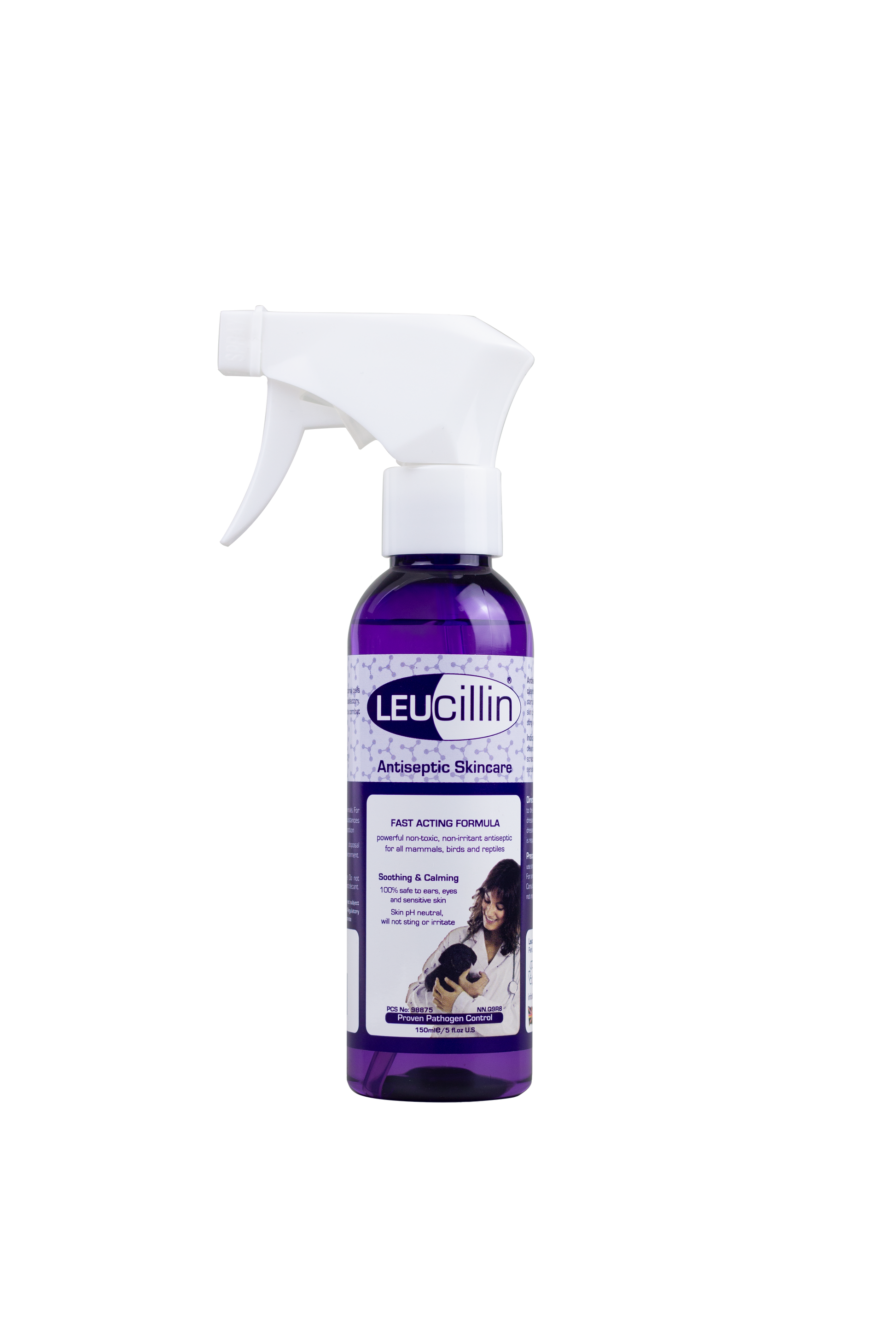 Hilltop Pet Foods Leucillin Animal Antiseptic Skincare spray is safe for all pets and features a white trigger and dog label.