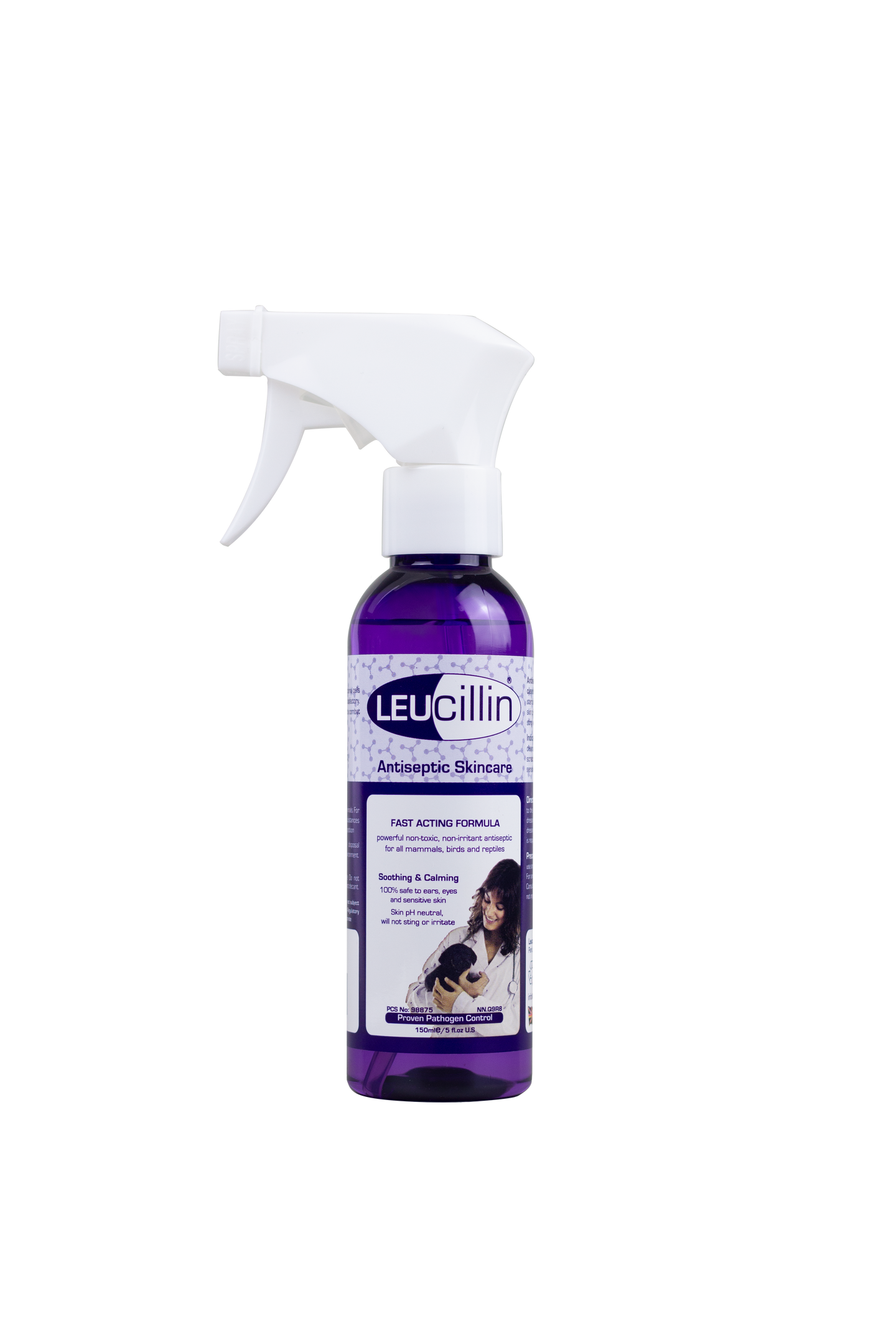 Hilltop Pet Foods Leucillin Animal Antiseptic Skincare spray is safe for all pets and features a white trigger and dog label.
