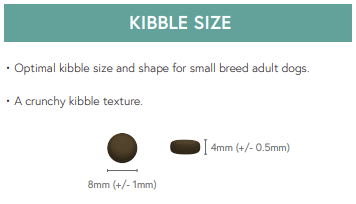 Diagram showing Hilltop Pet Food’s 8x4mm grain free kibble for small breed adults: chicken, sweet potato & herbs.