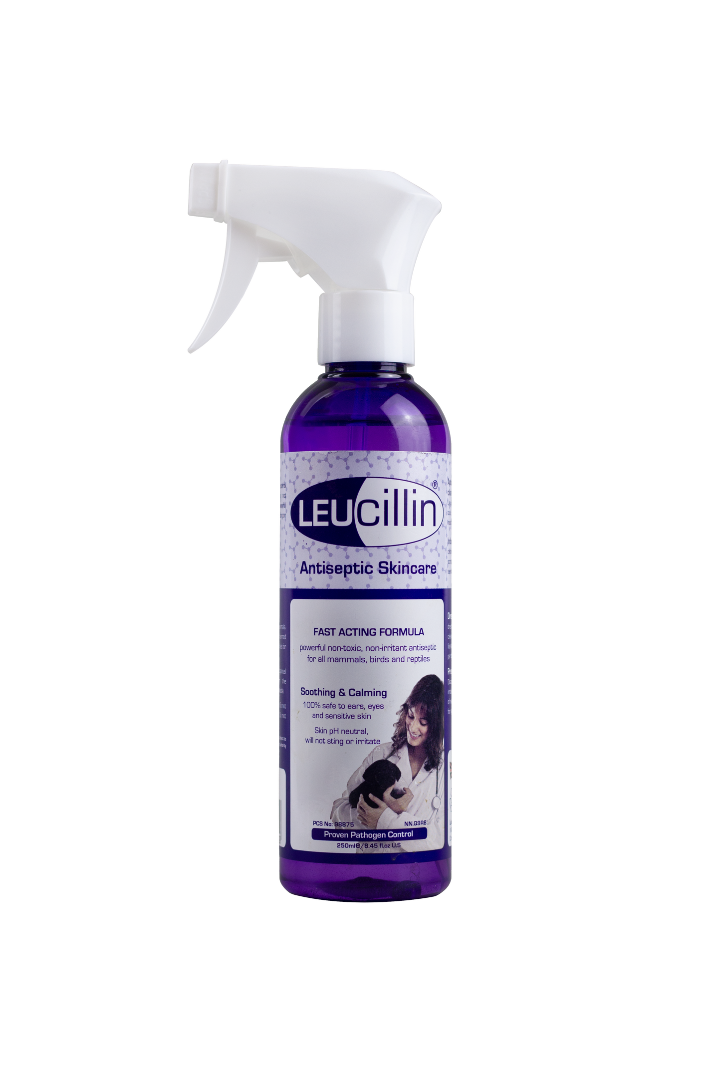 Hilltop Pet Food Leucillin Animal Antiseptic Skincare: purple spray with white trigger, safe for all animals.