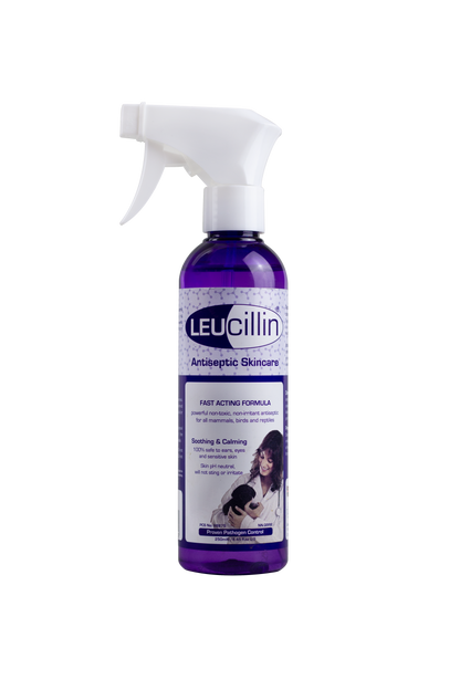 Hilltop Pet Food Leucillin Animal Antiseptic Skincare: purple spray with white trigger, safe for all animals.