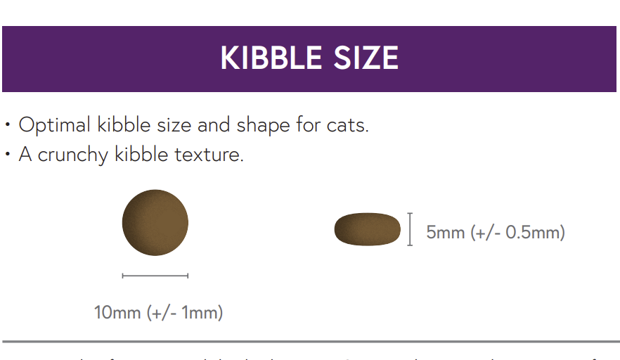Diagram of Hilltop Connoisseur Cat Food Sterilised Adult, 10mm x 5mm round kibble with notes on optimal size and crunch.