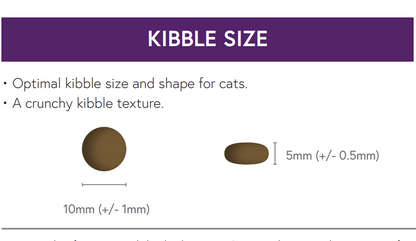 Diagram of Hilltop Connoisseur Cat Food Sterilised Adult, 10mm x 5mm round kibble with notes on optimal size and crunch.