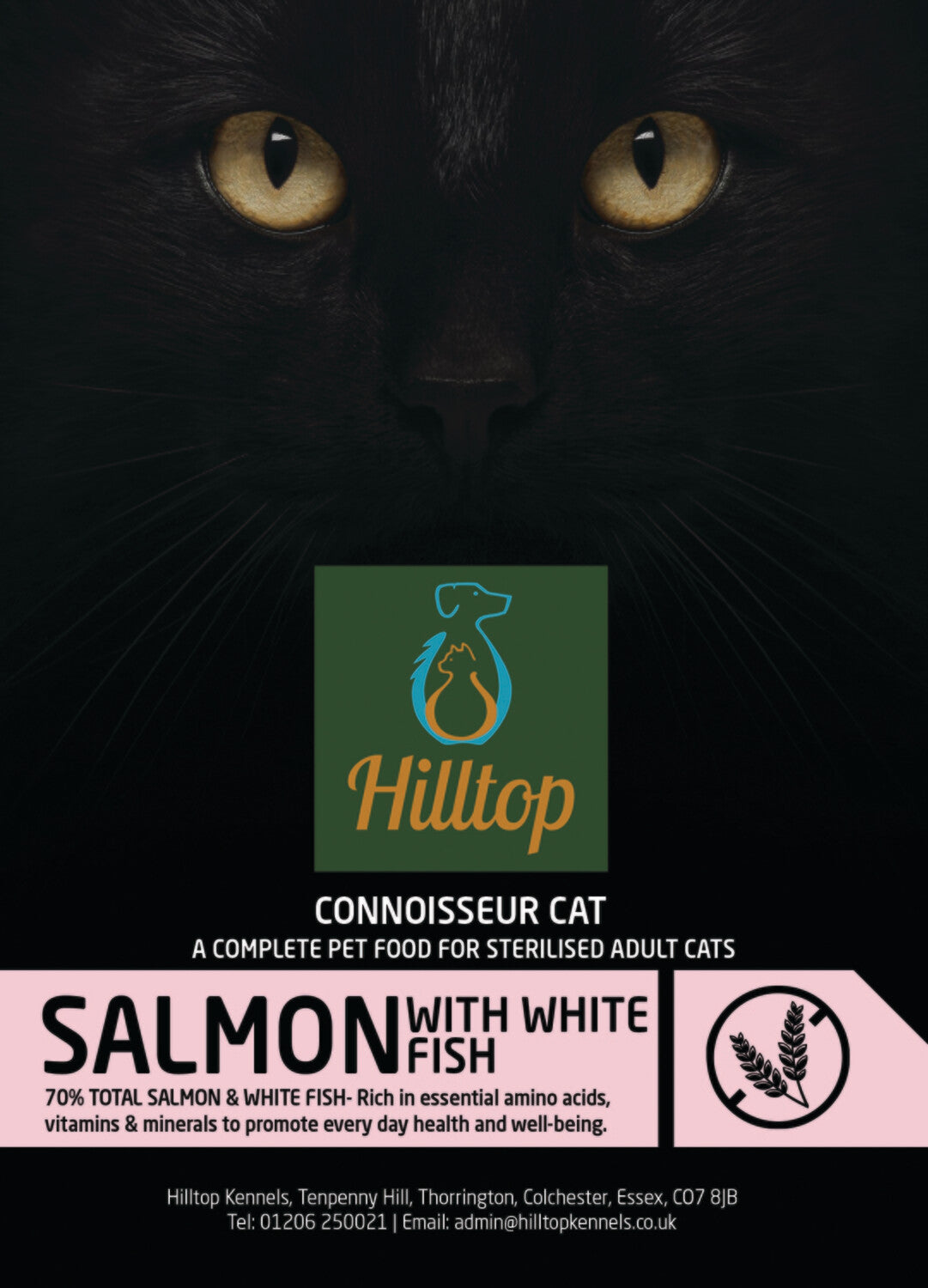 A black cat’s face with yellow eyes above a Hilltop Pet Food Sterilised Adult Salmon & White Fish cat food label.