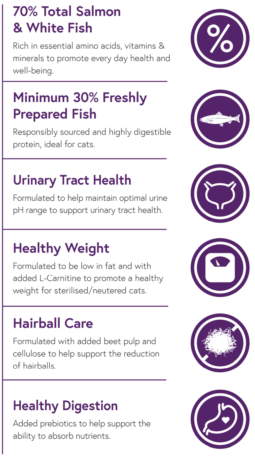 Infographic shows 6 benefits of Hilltop Pet Foods sterilised salmon & white fish cat food, with matching icons.
