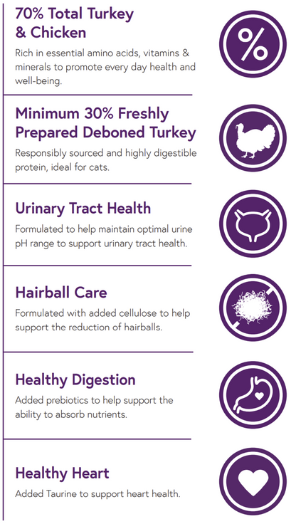 Infographic with icons: Hilltop Pet Food’s Hilltop Connoisseur Cat Food—high protein, urinary health, turkey, hairball care.