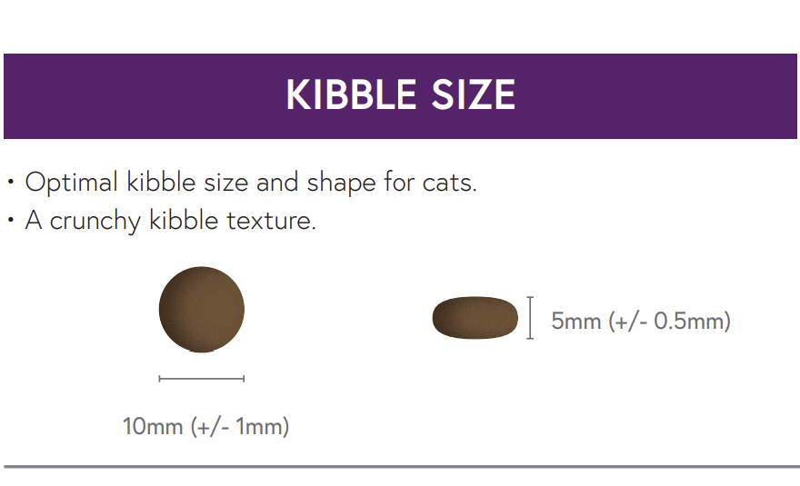 Diagram of Hilltop Pet Food KITTEN Turkey & Chicken kibble: round/oval, 10mm wide, 5mm tall, size tolerances shown.