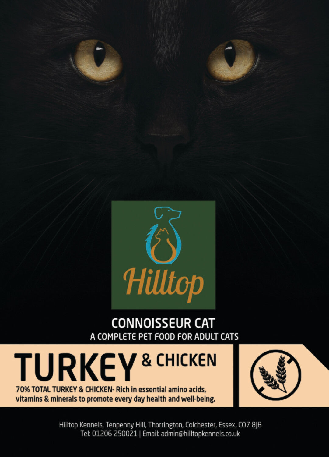 Close-up of a black cats face with Hilltop Connoisseur Cat Food Adult - Turkey & Chicken, for urinary tract health.