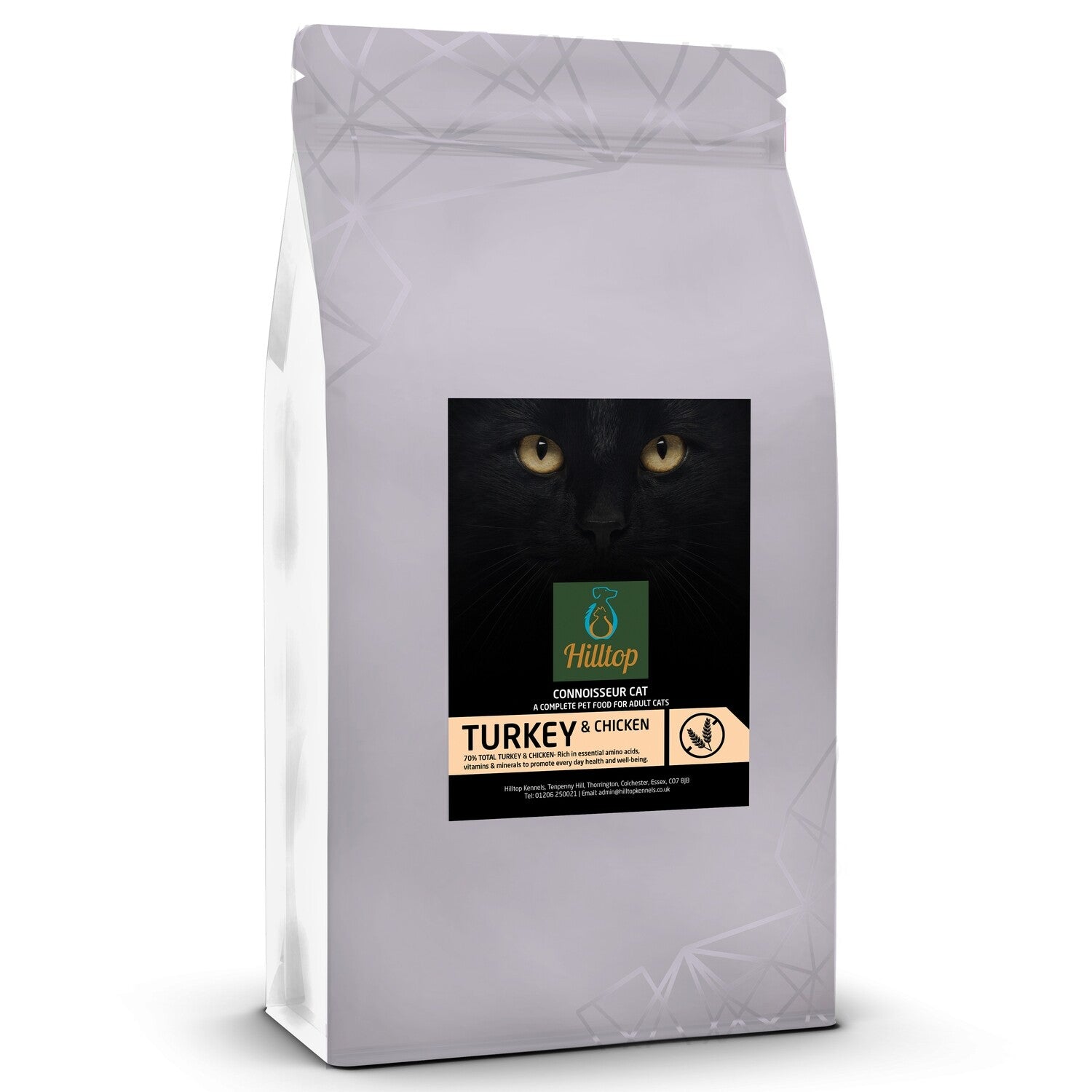 A white bag of Hilltop Connoisseur Cat Food Adult - Turkey & Chicken, by Hilltop Pet Food, with a black cat label.