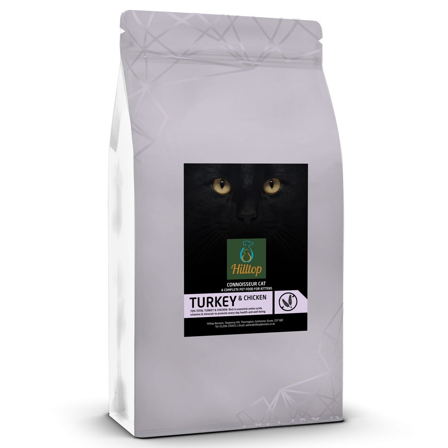 A white bag of Hilltop Pet Food Connoisseur Kitten Turkey and Chicken cat food with a black cat on the label.