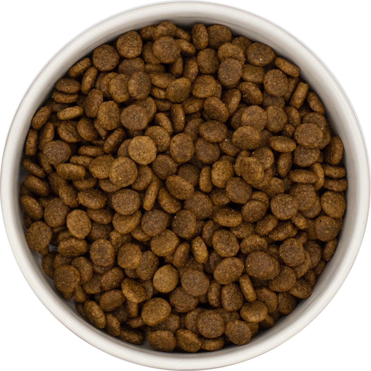 A white bowl filled with Hilltop Pet Food Premium Senior Cat Food—Chicken, Fish & Rice—for weight management.