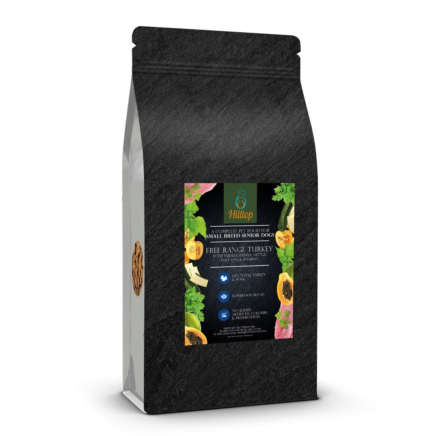 Hilltop Pet Food grain-free senior small bite bag: Free Range Turkey & Pork with veggies, papaya & parsley.