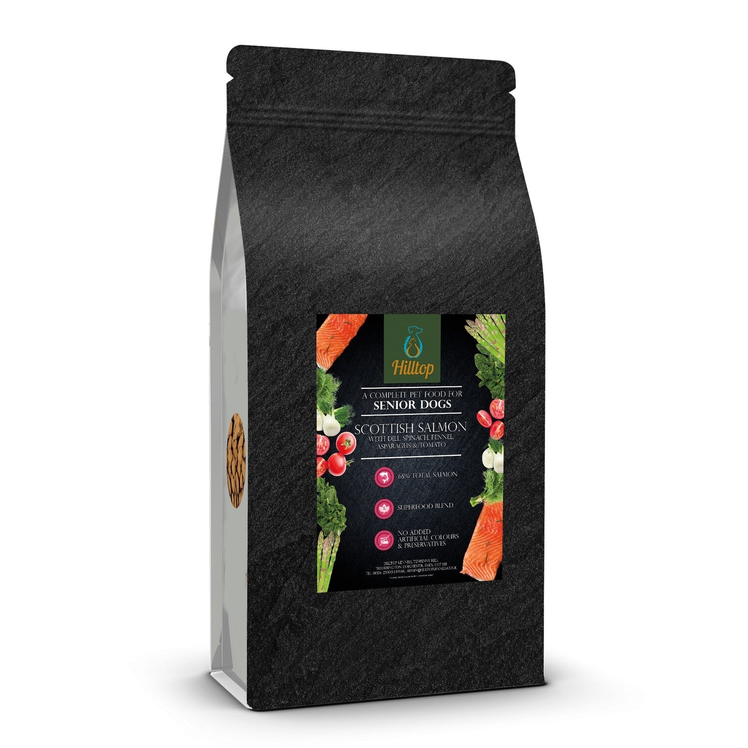Hilltop Superfood 65 Senior Dog Food—Scottish Salmon with veggies—by Hilltop Pet Food, black bag.