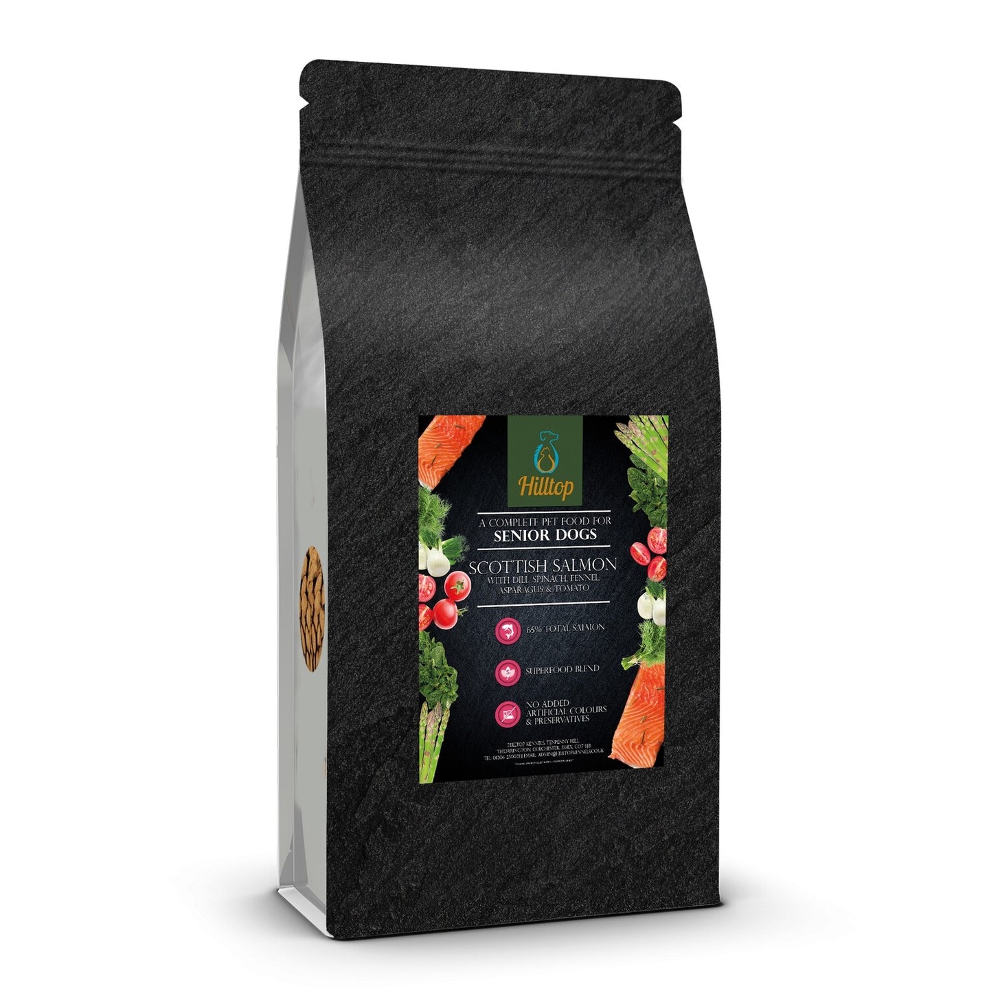 Hilltop Superfood 65 Senior Dog Food—Scottish Salmon with veggies—by Hilltop Pet Food, black bag.