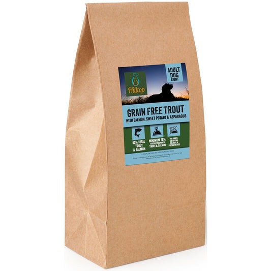 Hilltop Grain Free Adult Dog Food LIGHT, Trout & Salmon, Sweet Potato & Asparagus in a brown Hilltop Pet Food bag.