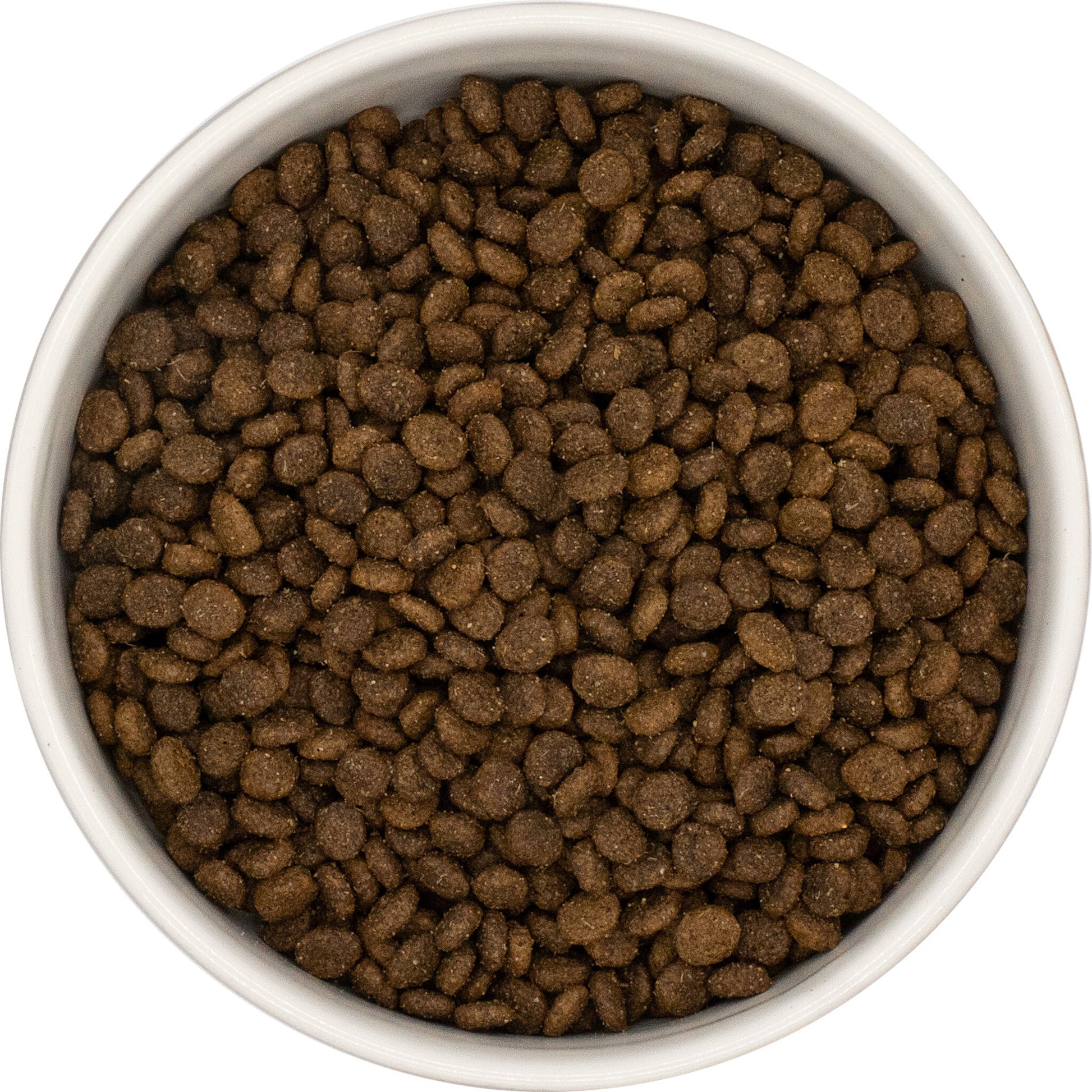 A bowl of Hilltop Grain Free Small Breed Dog Food—Lamb, Sweet Potato & Mint kibble—viewed from above.