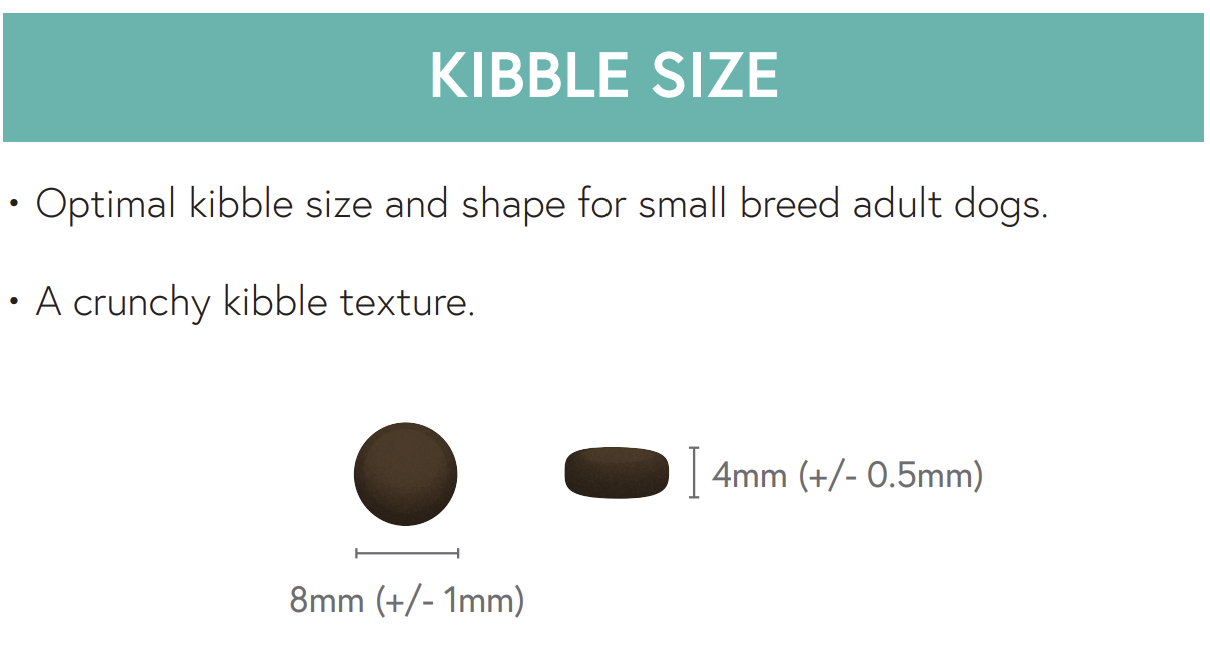 Diagram shows 8x4mm round brown kibble—Hilltop Grain Free Duck, Sweet Potato & Orange for small breeds, crunchy texture.