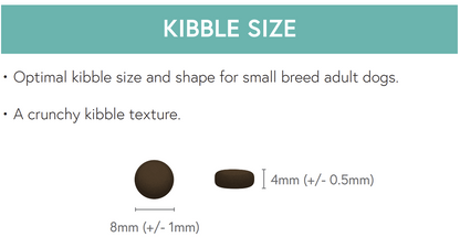 Diagram shows 8x4mm round brown kibble—Hilltop Grain Free Duck, Sweet Potato & Orange for small breeds, crunchy texture.