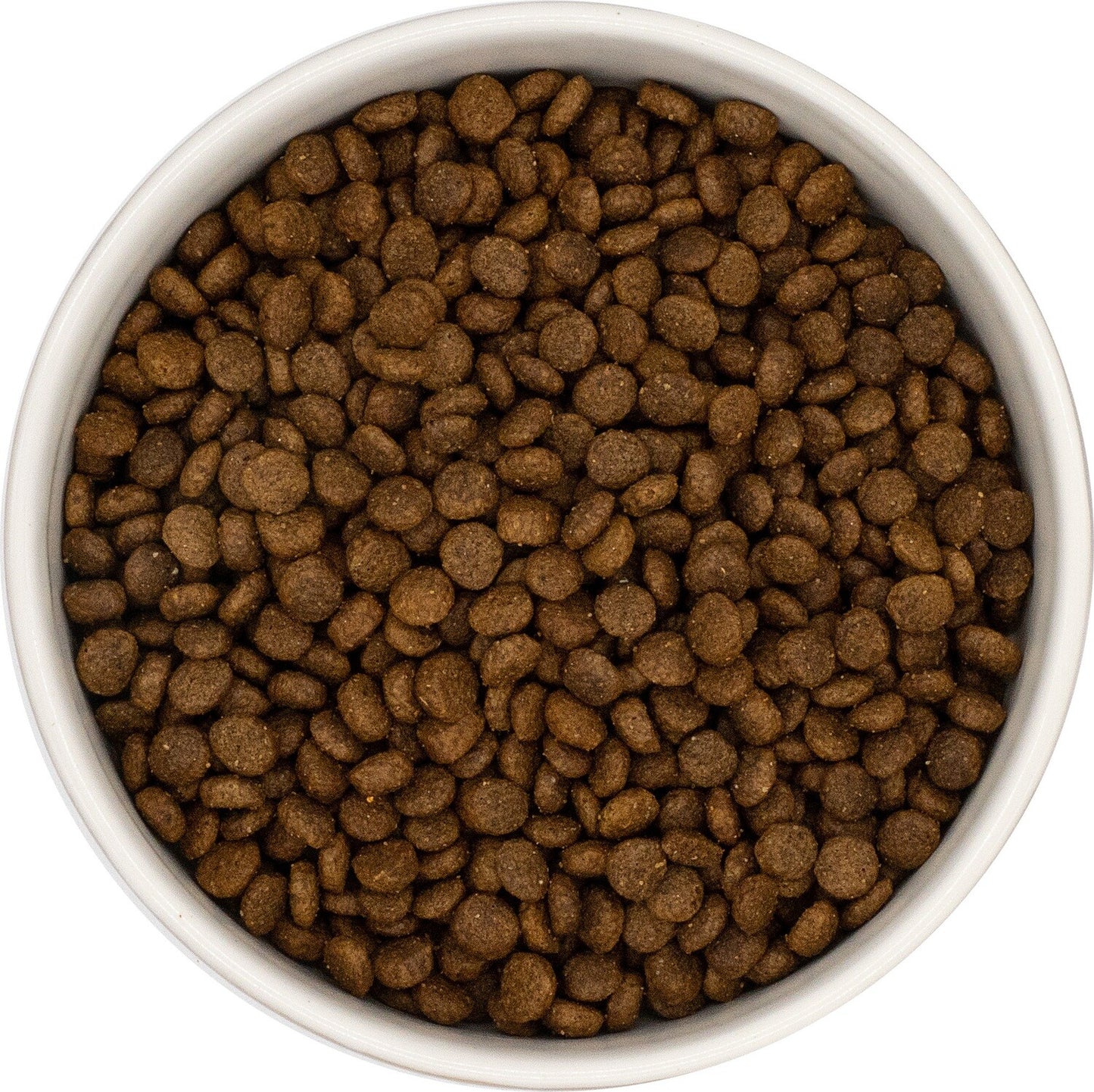 A white bowl of Hilltop Grain Free Adult Dog Food Small Breed - Duck, Sweet Potato & Orange, seen from above.