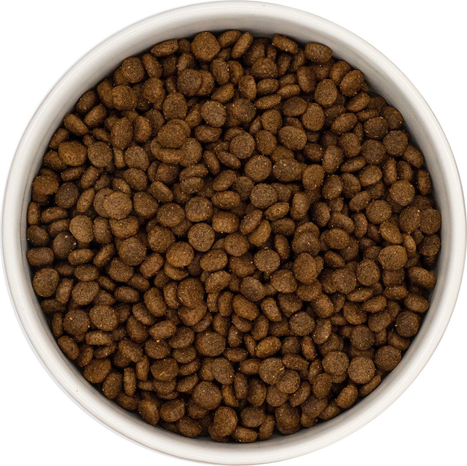 A white bowl of Hilltop Grain Free Adult Dog Food Small Breed - Duck, Sweet Potato & Orange, seen from above.