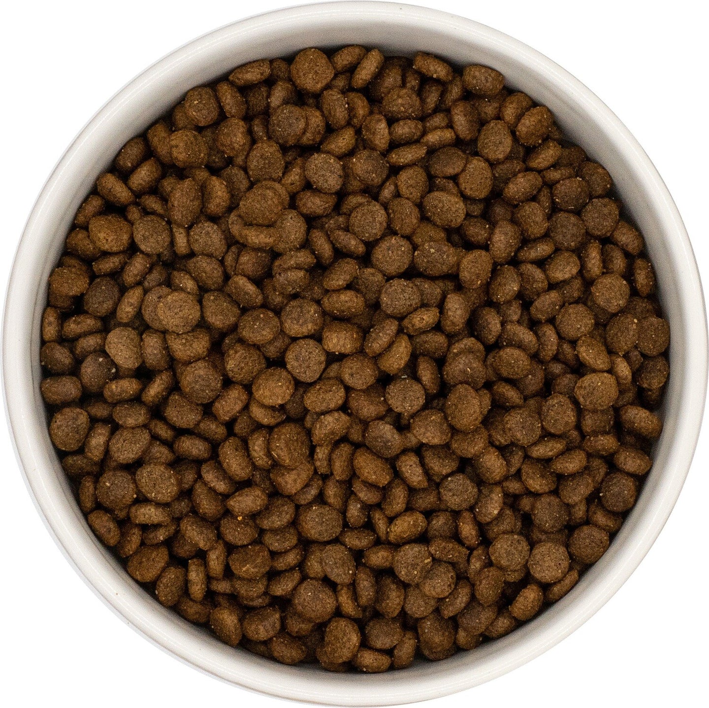 A white bowl of Hilltop Grain Free Adult Dog Food Small Breed - Duck, Sweet Potato & Orange, seen from above.