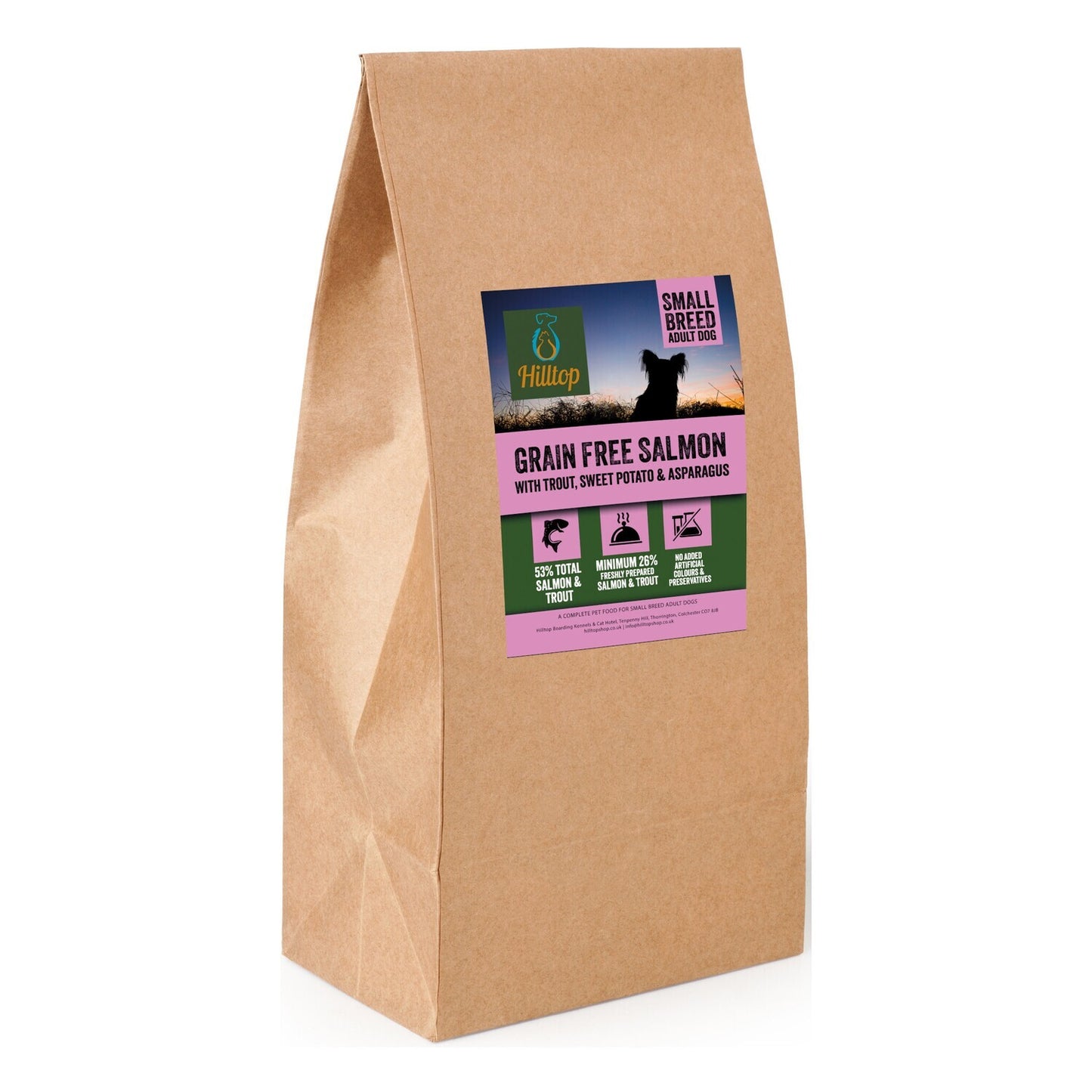 Hilltop Pet Food’s Grain Free Adult Dog Food for Small Breeds—Salmon, Trout, Sweet Potato & Asparagus, rich in omega 3.