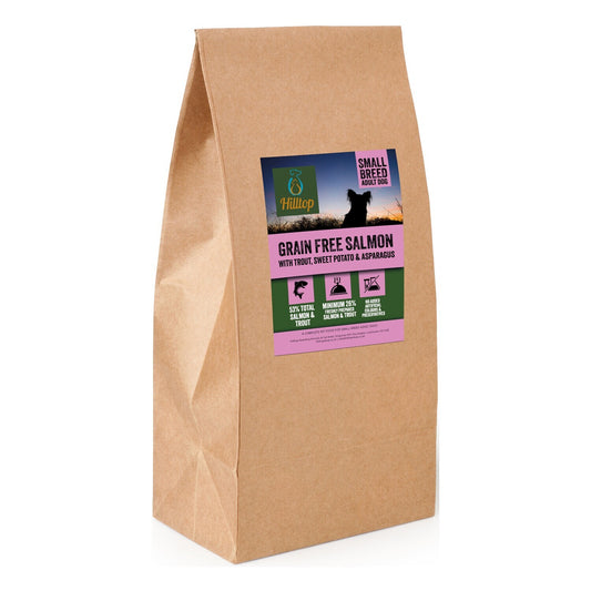 Hilltop Pet Food’s Grain Free Adult Dog Food for Small Breeds—Salmon, Trout, Sweet Potato & Asparagus, rich in omega 3.