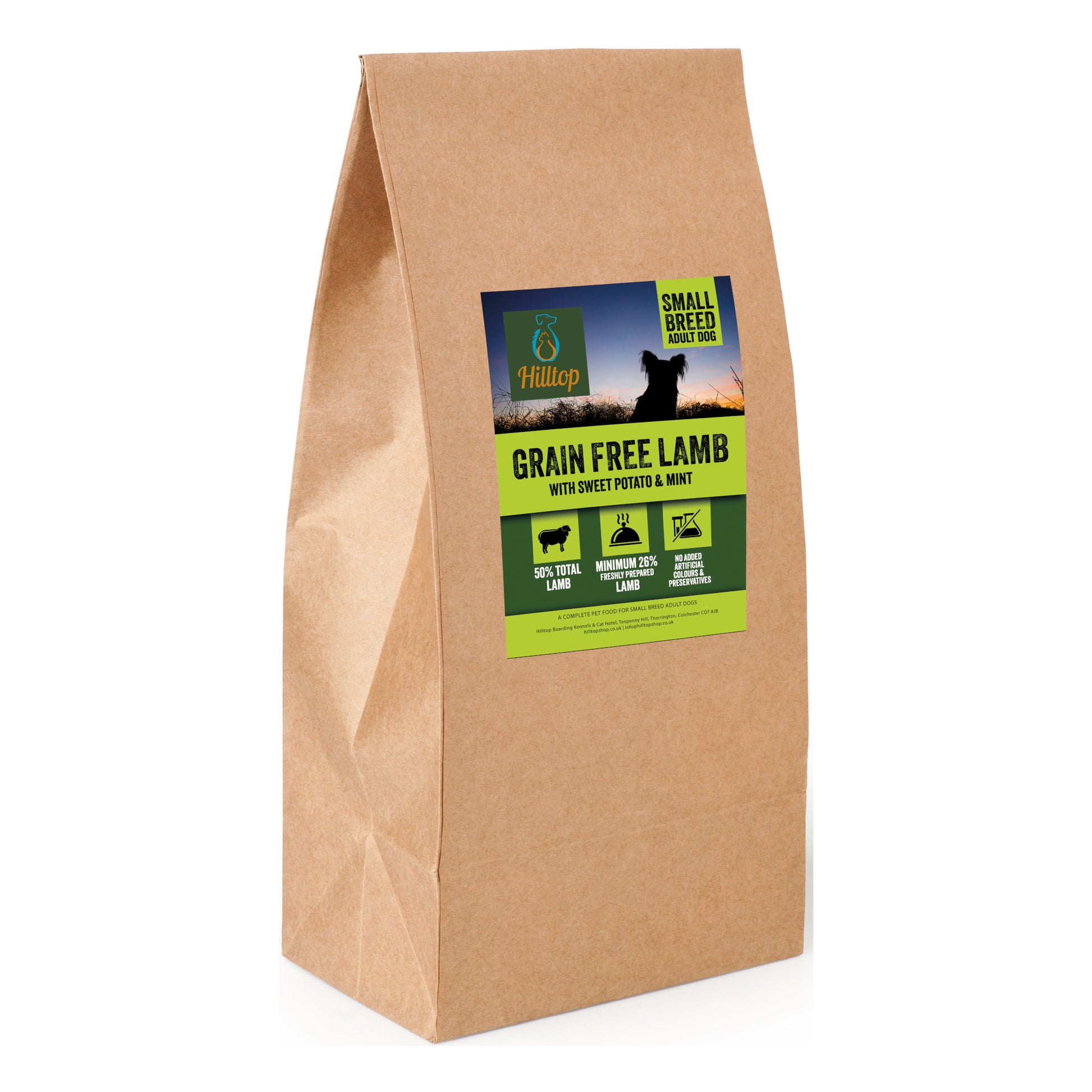Hilltop Grain Free Adult Dog Food Small Breed—Lamb, Sweet Potato & Mint by Hilltop Pet Food, in brown bag on white background.
