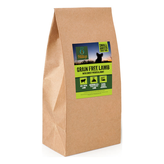 Hilltop Grain Free Adult Dog Food Small Breed—Lamb, Sweet Potato & Mint by Hilltop Pet Food, in brown bag on white background.