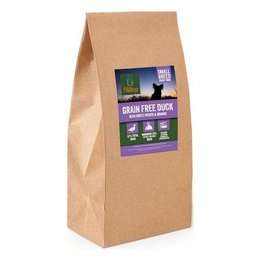 A brown bag of Hilltop Pet Food Grain Free Adult Dog Food, Small Breed - Duck, Sweet Potato & Orange.
