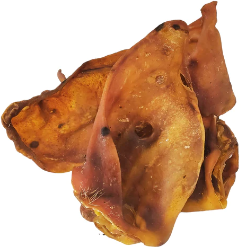 Two Hilltop Pet Food Large Pigs Ears - Grade A, overlapping on white, commonly used as dog treats.