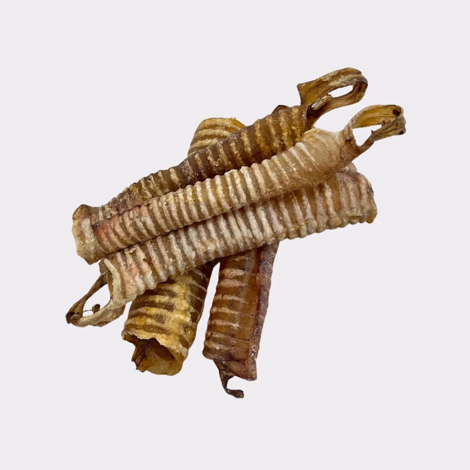Several dried Moo Tubes - Cow Trachea by Hilltop Pet Food are stacked on a plain light background.