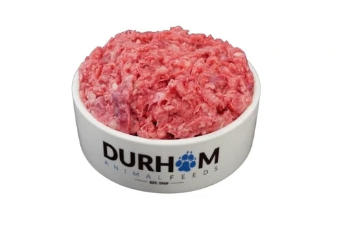 A white bowl labeled Durham with Hilltop Pet Food Wild Boar Complete Mince 454g for dogs.