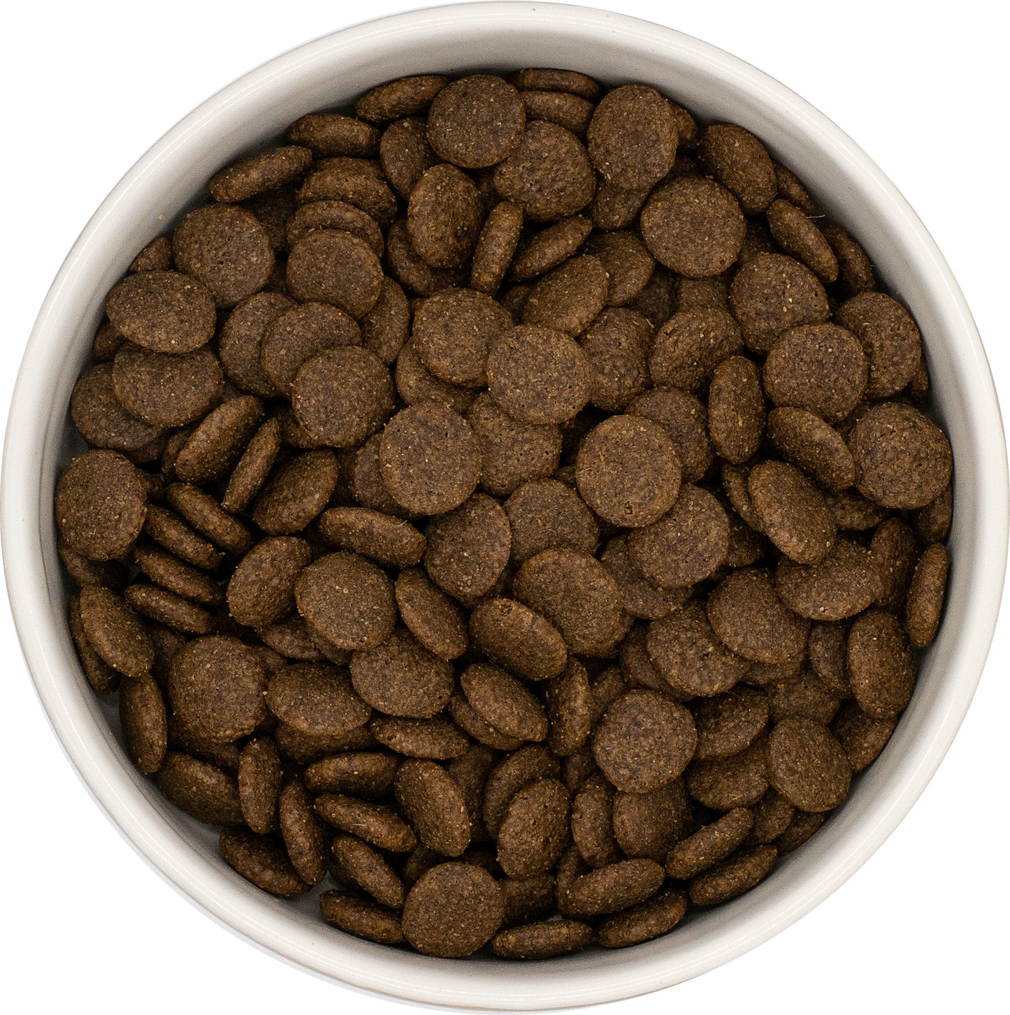A white bowl filled with Hilltop Grain Free Adult Dog Food kibble—Angus Beef, Sweet Potato & Carrot—viewed from above.