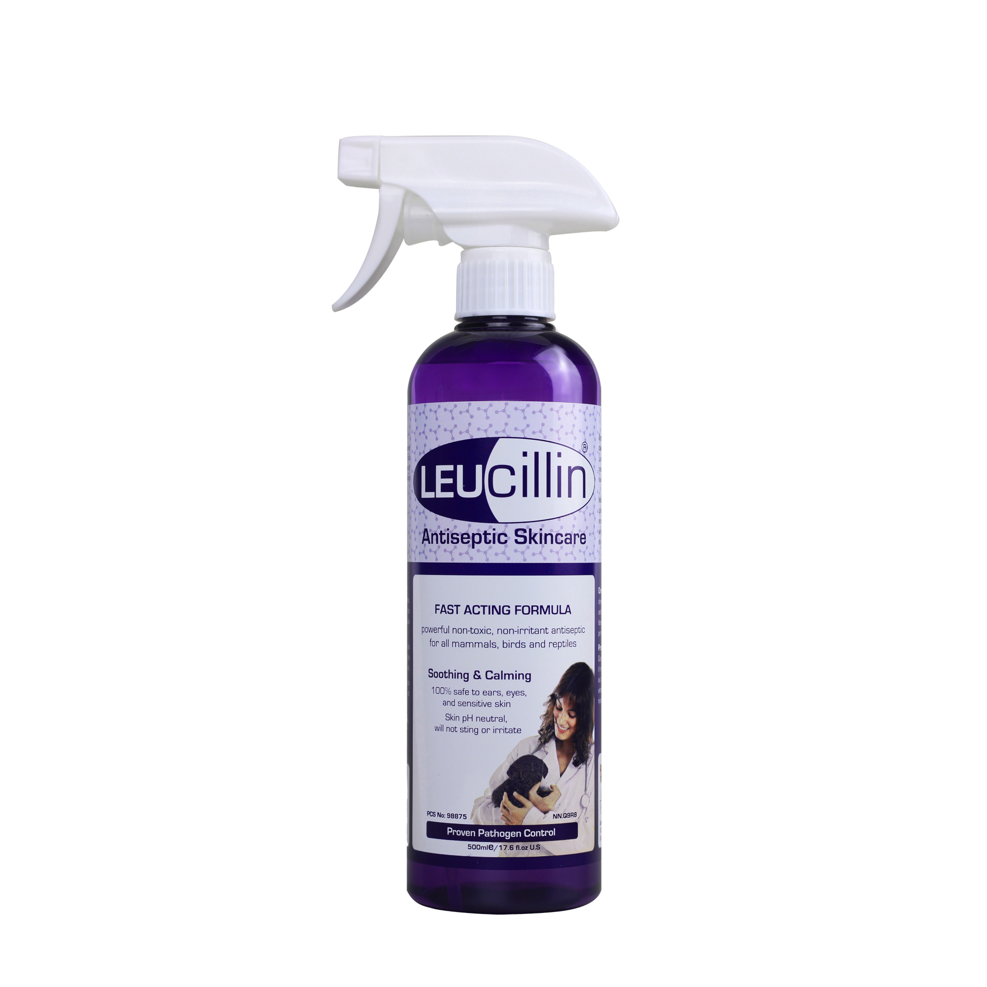 Purple bottle of Hilltop Pet Food Leucillin Animal Antiseptic Skincare with white trigger, safe for all animals.