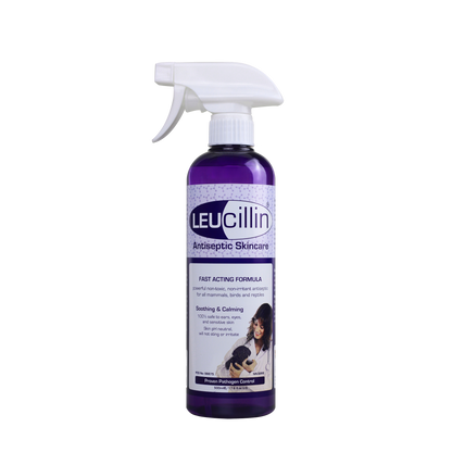 Purple bottle of Hilltop Pet Food Leucillin Animal Antiseptic Skincare with white trigger, safe for all animals.