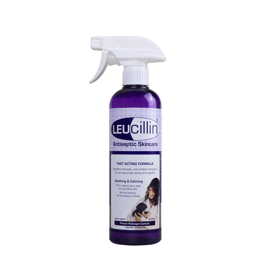 Purple bottle of Hilltop Pet Food Leucillin Animal Antiseptic Skincare with white trigger, safe for all animals.